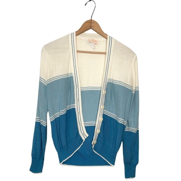 Knit Boutique For Sears | Vintage Blue Striped V-neck Button Down Cardigan - Picture 2 of 8